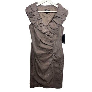 Adrianna Papell Taupe Ruched Ruffle Cocktail Dress Size 8 Wedding Guest Sheath